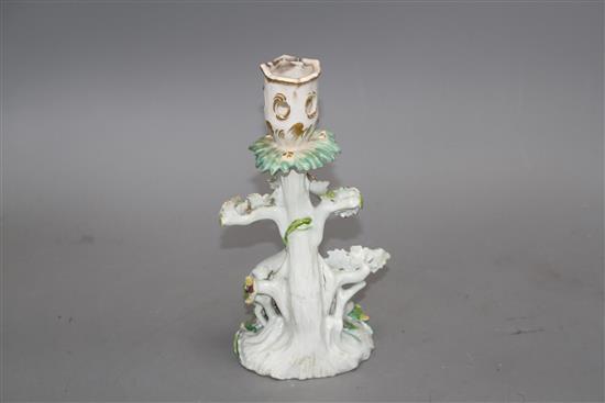 An early Derby figural sheep and tree candlestick, c.1758, 21.5cm